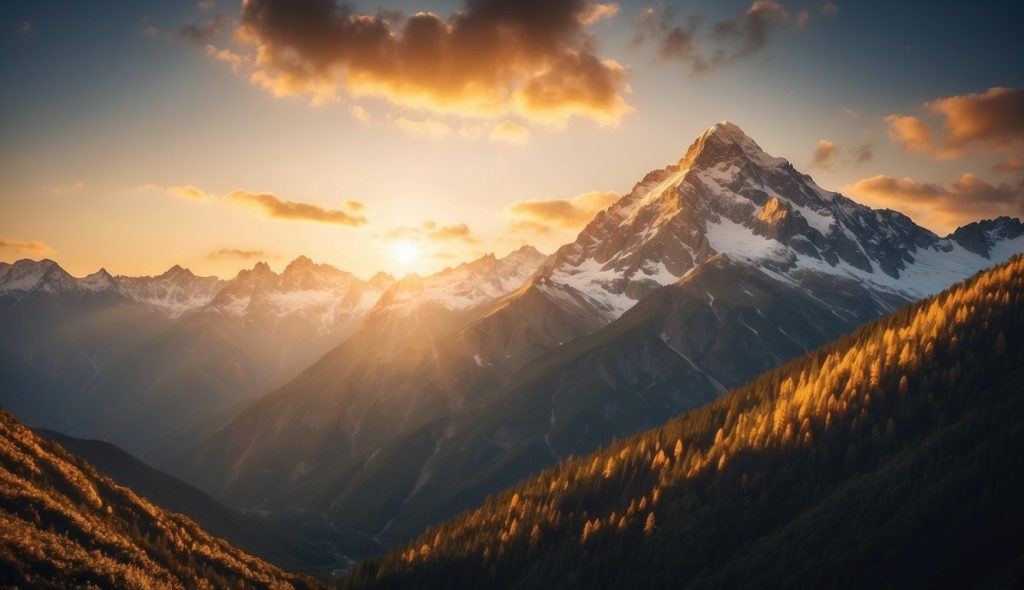 A serene mountain peak bathed in golden light, with a radiant glow emanating from within
