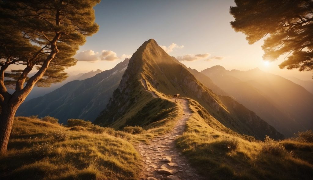 A serene mountain peak bathed in golden light, with a winding path leading to a glowing, ethereal doorway
