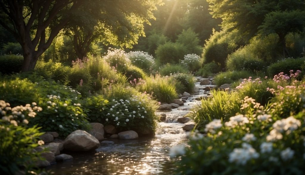 A serene garden with a flowing stream, surrounded by lush greenery and blooming flowers, with a soft glow of sunlight shining through the trees