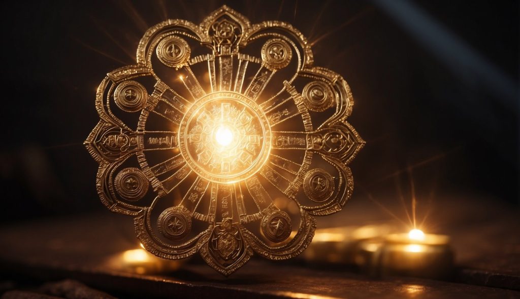 A radiant beam of light shines down onto a collection of symbols and objects, representing the manifestation of desires. The symbols appear to be glowing and emanating energy